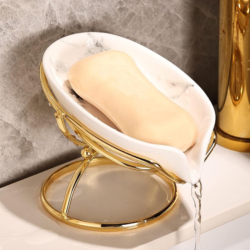 Dobbyby Leaf-Shaped Ceramic Soap Dish with Drain, Holder, Saver, Tray, Bar Soap Holder, Easy Cleaning, for Shower Bathroom Kitchen Sink Bathtub, Pro-Environment White - Image 1